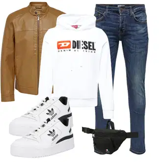 Outfit mit Blau/Hellblau/Dunkelblau Slim Fit Jeans/Herren Lederjacke/Tapered-Jeans/Biker Jeans/Winterjacke/Lederjacke/Leder Schuhe/Low Rise Jean/ThermoJeans/Jeans mit Schlitz/Low Waist Jean/Vintage Jeans Only & Sons "Freizeit Outfit"