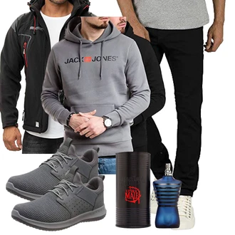 Outfit mit Grau/DunkelGrau/HellGrau Damen Pullover/Sport Sweatshirt/Partner Hoodie/Hoodie/Unisex Hoodie/Ausgefallener Hoodie/Sport Hoodie Jack & Jones "Freizeit Outfit"
