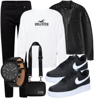 90er, Skater Outfit mit Schwarz/Blau/Weiß Sneaker Low/Skateschuh/Schmaler Sneaker/Leder Sneaker Nike Sportswear "Freizeit Outfit"Look: Sportlich, Classic, Streetwear, Skater, Esthetische, Extravagante, Schön