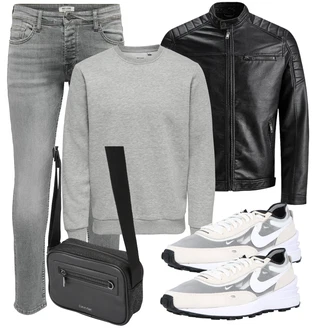 Große Größen Outfit mit Schwarz/Creme/Dunkelgrün Mantel/Lederjacke/Leder Bomberjacke/KunstLederjacke/Vintage Lederjacke/Bikerjacke/Motorradjacke Jack & Jones "Freizeit Outfit"
