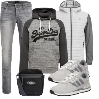 Outfit mit Grau/Hellgrau/Dunkelgrau Biker Jeans/Slim Fit Jeans/Lederjacke/Low Rise Jean/Leder Schuhe/Herren Lederjacke/Jeans mit Schlitz/Low Waist Jean/Winterjacke Jack & Jones "Freizeit Outfit"