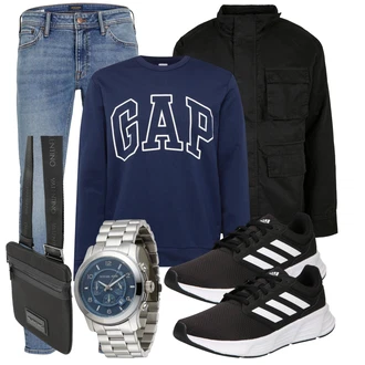 Retro Outfit mit Hellblau/Blau Lederjacke/Slim Fit Jeans/Leder Schuhe/Low Rise Jean/Push up Jeans/Herren Lederjacke/Winterjacke/Knöchelstiefel/Biker Jeans/Tapered-Jeans/Low Waist Jean Jack & Jones "Freizeit Outfit"Look: Uni, Coole, Old Money, Classic, 70er, Elegant, Schlichte, Moderne, Retro, Schön