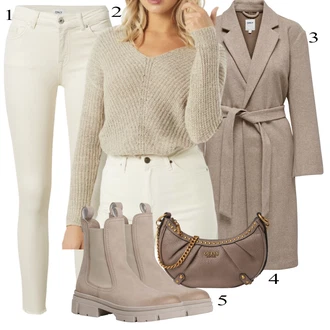 outfit mit Bež/Bela/Khaki Usnjena Jakna/Motoristične Kavbojke/Kavbojke z Razporkom/Kavbojka z Nizkim Pasom/Kavbojka z Nizkim Pasom/Push up Kavbojke/Ozke Kavbojke/Usnjene Čevlje/Termodžinsi Only "Obleka za jesen"