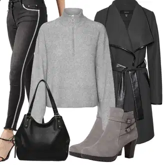 Outfit s Černá/Tmavě šedá/Šedá Přechodový Kabát/Umělá Kůže Kabát/Zimní Kabát Vlněný kabát/Lodenový kabát/Vlněný Kabát/Midi Kabát/Kašmírový Kabát/Trenčkot/Scuba Kabát/Trenčkot/Frock Kabát VERO MODA "Outfit Na Podzim"