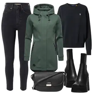 Outfit sa Crna/Tamnoplava/Tamnosiva Sportska majica/Majica od flisa/Kožna jakna "Jesenski Look"