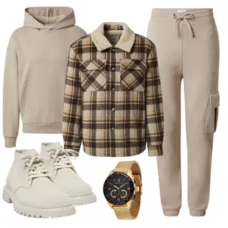 Outfit mit Grau/Beige/Creme/Khaki/Braun/Weiß Klassischer Stiefel/Springerstiefel/Schnürstiefelette/Schnürschuh/vegane schuhe Pull&Bear "Herbstlicher Look"