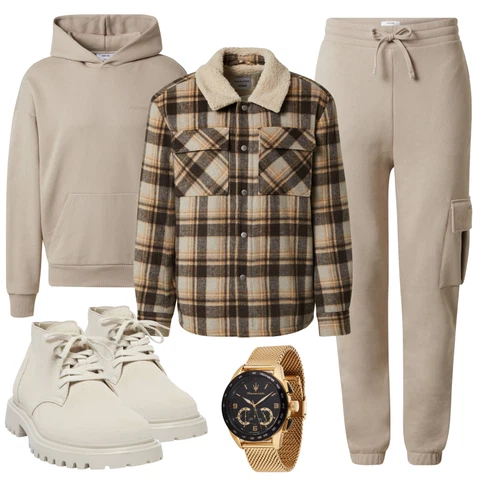 Beige/Creme/Braun Holzfäller Jacke/FlanellHemd/Kariertes Hemd DAN FOX APPAREL kombinieren