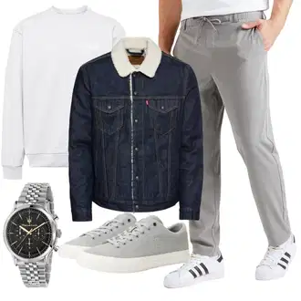 Outfit mit Creme/Blau/Dunkelblau/Hellblau Jeansjacke/Vintage Strickjacke/Strickjacke Gefüttert/Stehkragen-Strickjacke/Wolle Strickjacke/Winter Strickjacke/Strickjacke Tracht/Vintage Jacke/Holzfäller Jacke/Kurze Jeansjacke levi's ® "Herbstlicher Look"