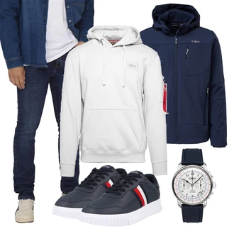 Esthetische Outfit mit Weiß/Hellgrau/Creme/Grau Ausgefallener Hoodie/Hoodie/Strick Hoodie/Partner Hoodie/Sport Hoodie/Unisex Hoodie/Vintage Hoodie Alpha Industries "Herbstlicher Look"Look: Rad, Esthetische, Hip Hop, Rap, Skater, Unisex, Workwear
