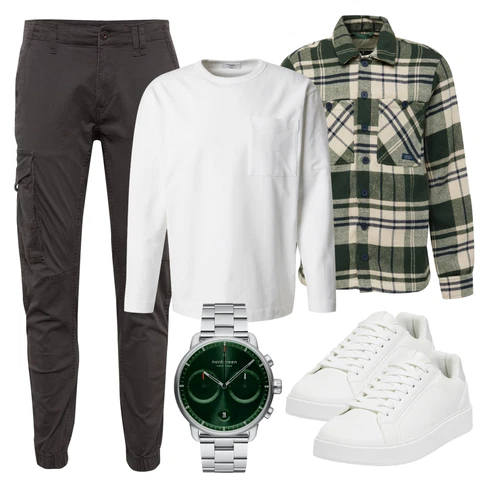 Creme/Dunkelgrün/Grün Flanellhemd/Kariertes Hemd/Holzfäller Jacke/Mantel/Bluse Große Größe Blend kombinieren mit Grau Uhr
