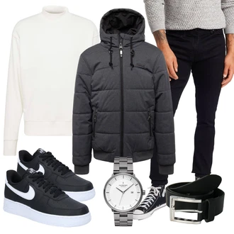 Outfit mit Weiß/Creme/Khaki Hoodie/Women's Fleece Sweatshirts/Lederjacke/Sport Sweatshirt/Rollkragenpullover/Feinstrickpullover/Einfacher Pullover/Basic Pullover/2-in-1 Pullover Drykorn "Herbstliches Freizeit Outfit"
