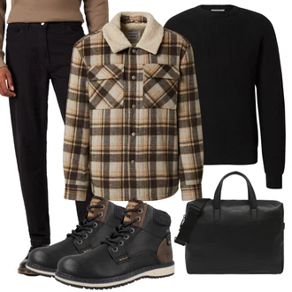 Outfit mit Schwarz Wollpullover/Basic Pullover/Einfacher Pullover/Kaschmir Pullover/Strickpullover/FeinStrickpullover/Rundhals Pullover/Carmenpullover DAN FOX APPAREL "Herbstliches Freizeit Outfit"