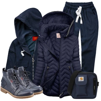 Outfit s Tmavě Modrá/Modrá/Světle Modrá Kozačka Šněrovací Kotníková Bota/Kožená kotníková bota/Kožená bota/Šněrovací bota/Plochá Kotníková Bota/Bezpečnostní bota/Kotníková Bota s Podšívkou/Kožená bunda Rieker "Outfit na podzim"