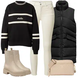 Outfit sa Bež/Smeđa/Crna/Krem/Žuta/Bijela Džemper/Dukserica s kapuljačom/Sweater majica/Pletivo Veći Broj Ellesse "Jesenski outfiti"