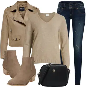 Outfit sa Bež/Smeđa Kožna Jakna/Vintage Jakna/Bajkerska Jakna/Jakna od Umjetne Kože/Motociklistička jakna/Kratka Jakna/Jakna s Patentnim Zatvaračem sa strane/Crop Jakna/Vintage Kožna Jakna Only "Jesenski outfiti"
