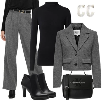 Stil Outfit sa Srebro/Krem/Bijela/Siva Naušnica s prstenom/Štipaljka za uho Boss "Jesenski outfiti"Look: Sjaj, Stil, 20-ih godina, Retro, Prekrasan, 80-te roky, klasický, Elegantan, Romantičan, Old Money, Unisex