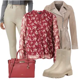 Outfit sa Crvena/Ljubičasta/Pink Bluza s Uzorkom/Svilena Bluza/Bluza s Podignutim Ovratnikom/Bluza s Printom/Vintage Bluza/Kožna jakna/Izvanredna Bluza/Crash Bluza/Prozirna Bluza Only "Jesenski outfiti"
