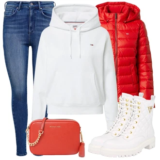 Outfit sa Bijela/Krem Čizmica Podstavljena čizma/Borbena Čizma/Čizma na Vezanje/Zimske tenisice Guess "Jesenski outfiti"