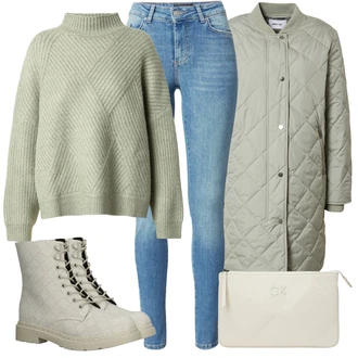 Outfit sa Siva/Tamnozelena/Kaki/Bijela/Bež/Krem Čizmica Gležnjača na Vezanje/Borbena Čizma/Klasična čizmica/Podstavljena čizma/Kožna Jakna/Ravna Gležnjača Dockers by Gerli "Jesenski Outfiti"
