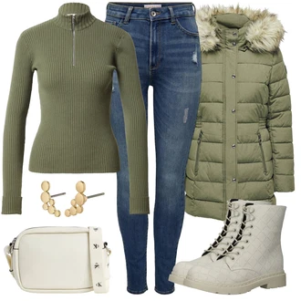Outfit sa Siva/Tamnozelena/Kaki/Bijela/Bež/Krem Čizmica Gležnjača na Vezanje/Borbena Čizma/Klasična čizmica/Podstavljena čizma/Kožna Jakna/Ravna Gležnjača Dockers by Gerli "Jesenski outfiti"