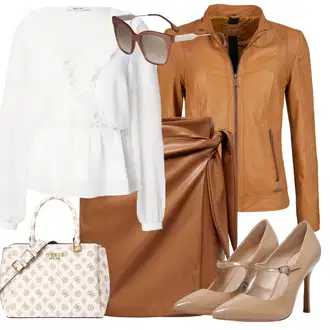 Outfiti za skunje S oblinama sa Smeđa/Žuta/Bež Kaput Maze, Bijela/Krem Pletivo Veći Broj/Bluza i Tunika/Sweater majica About You "Jesenski outfiti"