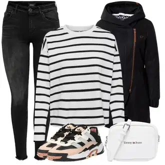 Outfit sa Crna/Tamnoplava Parka velike veličine/Sweater majica Alife and Kickin "Jesenski outfiti"