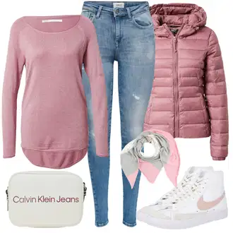 Kombinacije od trapera Zvonoliki kroj sa Pink/Siva Dodatak About You "Jesenski Outfiti"