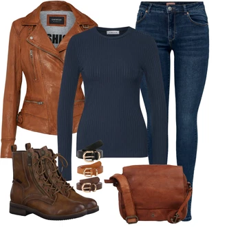 Motor Outfit sa Smeđa/Tamnosmeđa Čizmica Gležnjača na Vezanje/Čizma s patentnim zatvaračem/Borbena Čizma Tamaris "Jesenski outfiti"Look: S zakovicama, Ronjenje, Motor, Jahanje