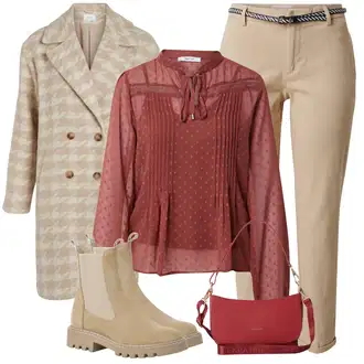 za srednje godine Outfit sa Crvena/Pink/Smeđa Bluza i Tunika About You "Jesenski Outfiti"Look: Stil, Rap, Francuske, Sveučilišna, Western, Španjolske, Romantičan, za srednje godine