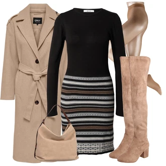 Prugasto Outfit sa Crna/Žuta/Bijela/Smeđa Haljina Veći Broj/Pletivo Veći Broj/Bluza i Tunika Tunika About You "Jesenski outfiti"