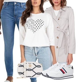 Outfit s Bílá/Krémová/Tmavě modrá Taška Přes Rameno/Malá Taška/Pletená taška/Kosmetická Taštička/Pásková taška/Ledvinka/Bagetová taška Tommy Hilfiger "Outfit na podzim"