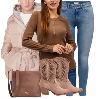 Outfity se stylem Kovbojka s Béžová/Hnědá/Fialová Kotníková Bota kesi "Perfekt na podzim"Look: Western, Kovbojka