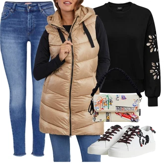 Outfit s Béžová/Hnědá Puffer Vest/Peřová Vest/Dlouhá Vest sam 73 "Módní vzhled na podzim"