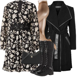Dlouhé Outfit s Černá/Krémová/Bílá Zimní šaty s dlouhým rukávem/Šaty s Páskem/Šaty S Potiskem/Halenkové Šaty/Šaty na Podzim/Barokní Šaty About You "Módní vzhled na podzim"