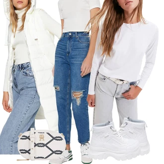 Outfity s "mom" džínami Zima s Bílá/Krémová Trendyol "Podzimní outfit na volný čas"