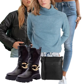 Sportovní Outfit s Světle modrá/Modrá High Waist Džínové Kalhoty/Džíny s Dírou/Kotníková Bota/Kožené bundy/Džíny s Rozparkem dstreet "Podzimní outfit na volný čas"Look: Trendový, Ležérní, Sportovní
