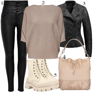 outfit mit Bež/Khaki Usnjena Jakna/Klasični škorenj/Gumijasti Gležnar/Gležnar na Vezalke/Škornj na Vezalke s Slatformo/Bojni Škorenj About You "Popoln za jesen"