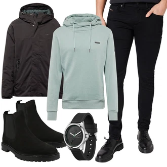 Outdoor Outfit mit Schwarz/Dunkelblau Biker Jeans/Thermojeans/Slim Fit Jeans/Lederjacke/Leder Schuhe/Jeans mit Schlitz/Damen 7/8-Länge Jeans/Winterjacke/Tapered-Jeans/Herren Lederjacke/Regular-Fit Jeans Diesel "Outfit für den Herbst"Look: Uni, Outdoor, Coole, Schlichte, Unisex, Old Money, Elegant