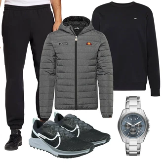 Motorrad Outfit mit Grau/Hellgrau/Dunkelgrau Steppjacke/Kapuzenjacke/Isolationsjacke/Kunstfaserjacke/Thermojacke/Strickjacke Gefüttert/Stehkragen-Strickjacke/Winter Strickjacke/Wolle Strickjacke Ellesse "Outfit für den Herbst"Look: Motorrad, Wandern, Rugby