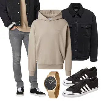 Outfit mit Grau/Hellgrau/Dunkelgrau Slim Fit Jeans/Lederjacke/Low Rise Jean/Leder Schuhe/Winterjacke/Tapered-Jeans/Thermojeans/Knöchelstiefel Jack & Jones "Outfit für den Herbst"