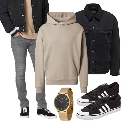 Elegant Grau/Hellgrau/Dunkelgrau Slim Fit Jeans/Lederjacke/Low Rise Jean/Leder Schuhe/Winterjacke/Tapered-Jeans/ThermoJeans/Knöchelstiefel Jack & Jones kombinierenLook: Uni, Elegant, Old Money, Classic, Coole, Smart Casual, Moderne, Premium, Schlichte