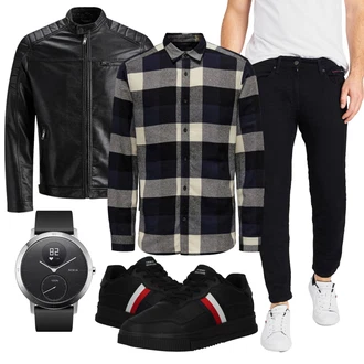 Große Größen Outfit mit Schwarz/Creme/Dunkelgrün Mantel/Lederjacke/Leder Bomberjacke/KunstLederjacke/Vintage Lederjacke/Bikerjacke/Motorradjacke Jack & Jones "Outfit für den Herbst"