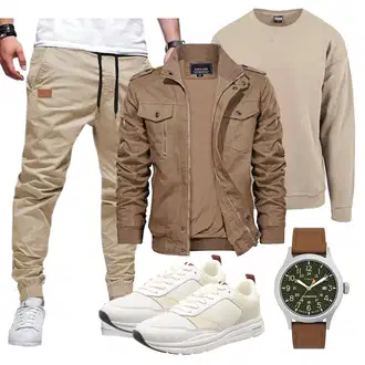 Outfit mit Beige/Khaki/Braun Damen Pullover/Lederjacke/Sport Sweatshirt/Women's Fleece Sweatshirts Urban Classics "Outfit für den Herbst"