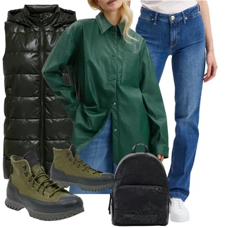 Outfit s Tmavě Zelená/Zelená Gumová Kotníková Bota/Nepromokavá Bota/Kožená bunda/Zimní tenisky/Trekingová Bota/Nepromokavá kozačka/Vodotěsná outdoorová Bota/Kožené pánské obuv Converse "Perfekt na podzim"