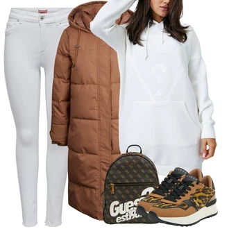 Outfit s Oranžová/Béžová/Hnědá/Žlutá Teniska s dírkovaným vzorem/Teniska na platformě/Kožené Tenisky/Nízká Teniska/Teniska teddy Guess "Perfekt na podzim"