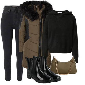 Outfit s Tmavě zelená/Hnědá/Khaki Dlouhý Péřový Kabát/Parka/Zimní Kabát/Péřový Kabát/Kabát s Kožešinovým límcem Only "Outfit na podzim"