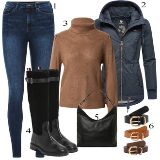 outfit mit Bež/Črna/Zlati/Rjava Sproščeni pas/Klasični pasovi/Usnjeni pas About You "Obleka za jesen"