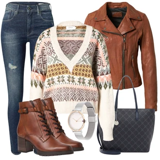 Norský vzor Outfit s Vícebarevný/Hnědá/Béžová/Bílá/Krémová/Žlutá Žakárový Svetr/Norský Svetr/Norský Svetr/Potisknout Svetr/Vintage svetr/Zimní Svetr/Vlněný Svetr/Pletený Svetr Only "Outfit na podzim"