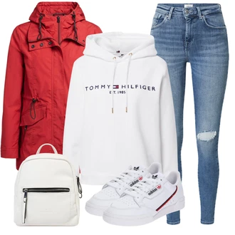 Outfit s Bílá/Růžová/Šedá/Krémová/Stříbrný/Vícebarevný Originální mikina/Svetr S Kapucí/Partnerská Mikina/Sportovní mikina/Mikina/Unisex Mikina S Kapucí/Vintage mikina/Dámský Svetr/Svetr s kapucí Tommy Hilfiger "Outfit na podzim"