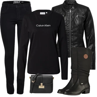 Outfit s Černá Zimní Kozačka/Dlouhá Kozačka/Bota se širokým nohavici/Klasická Kozačka/Plochá Kozačka nad koleno/Nepromokavá Kozačka/Jezdecká Bota Rieker "Outfit na podzim"